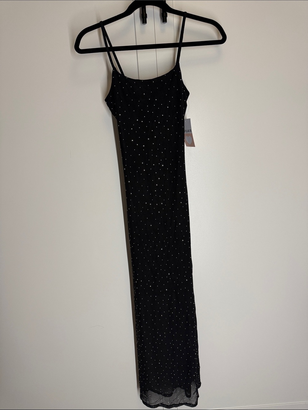 Sparkle-Studded Black Maxi Slip Dress with Thin Straps